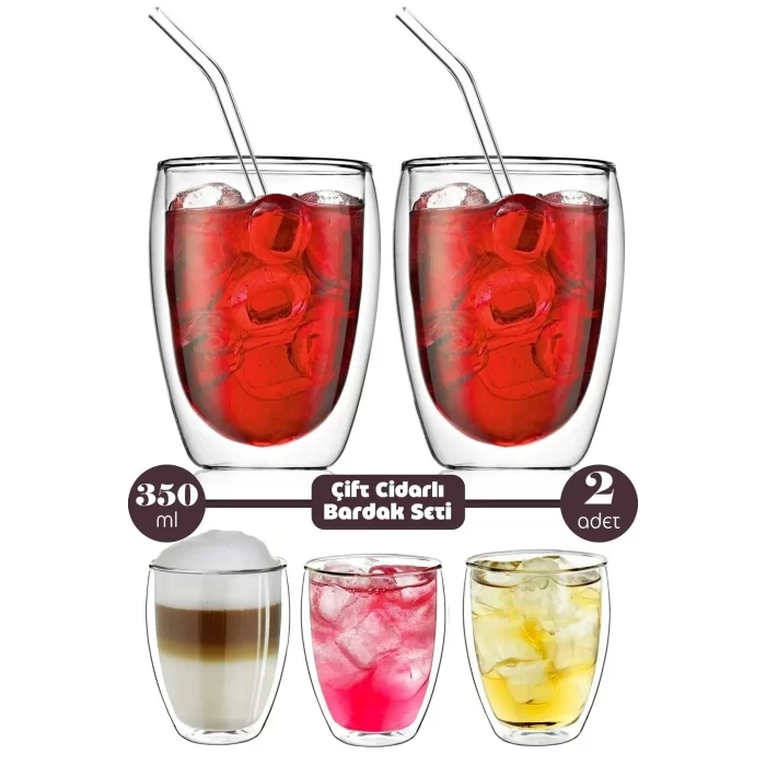2li Çift Cidarlı Cam Bardak 350 ml Pipetli Çay Kahve Sunum Bardağı Isıya Dayanıklı Kupa Bardak Seti