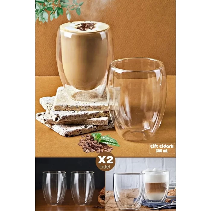 2li Çift Cidarlı Cam Bardak 350 ml Pipetli Çay Kahve Sunum Bardağı Isıya Dayanıklı Kupa Bardak Seti