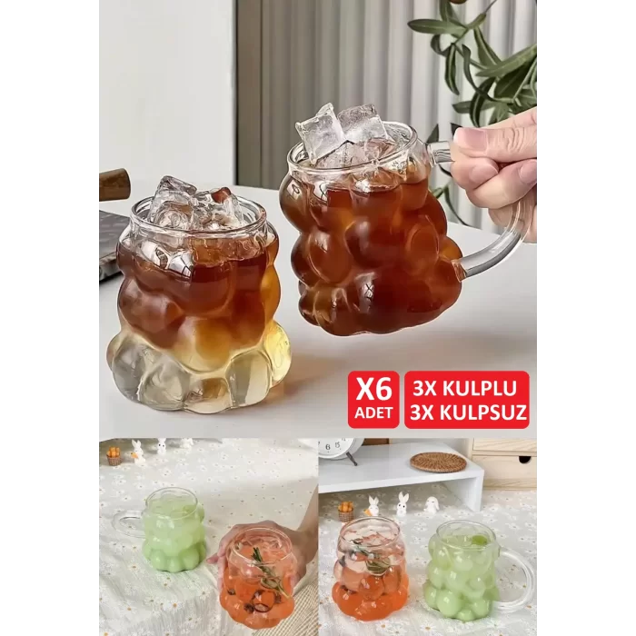 6lı Boncuk Bardak Pipetli Cam 350 ml Kulplu Kulpsuz Meşrubat Su Kahve Sunum Kokteyl Bardağı