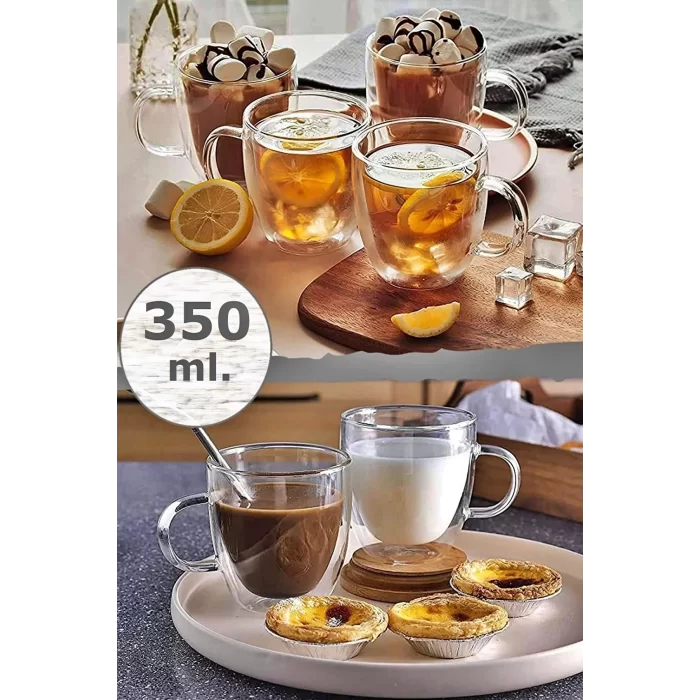 6lı Çift Cidarlı Kupa Bardak 350 Ml Ofis Ev Espresso Kahve Çay Fincanı Borosilikat Kulplu Bardak