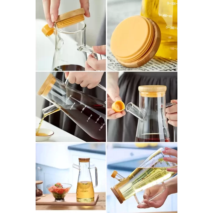 Bambu Kapaklı Cam Yağdanlık Vakumlu Silikon Stantlı Sirkelik Zeytinyağı Şişesi Yağlık 900 ml Set