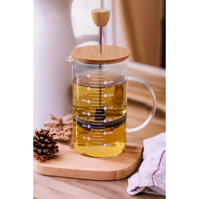 Bambu Kapaklı French Press Bitki Çayı Demliği Filtre Kahve Ataşe Dayanıklı