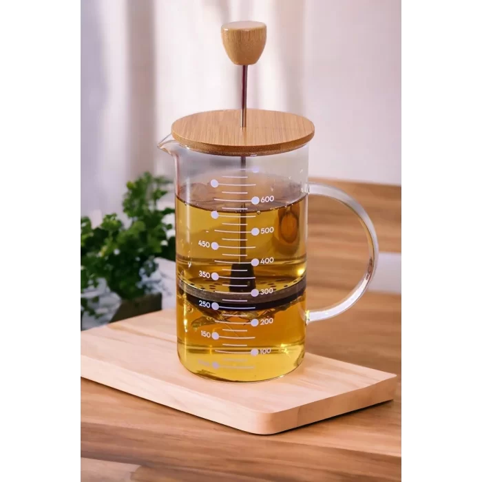 Bambu Kapaklı French Press Bitki Çayı Demliği Filtre Kahve Ataşe Dayanıklı