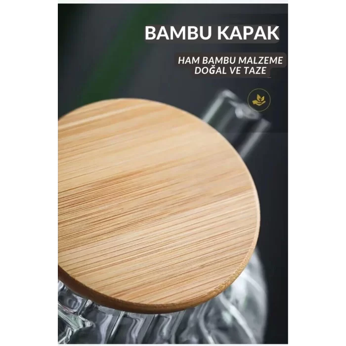 Bambu Kapaklı Isıya Dayanıklı 900 ml Çelik Süzgeçli Bitki Çayı Cam