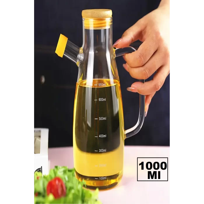 Bambu Kapaklı Yağdanlık 1000 ml Borosilikat Cam Yağlık Sirkelik Şişesi Master Vakumlu Sosluk