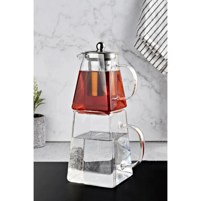 Borasilikat Cam Çaydanlık Takımı Kare Tasarım Çelik Filtre Isıya Dayanıklı Demlik 1450ml.