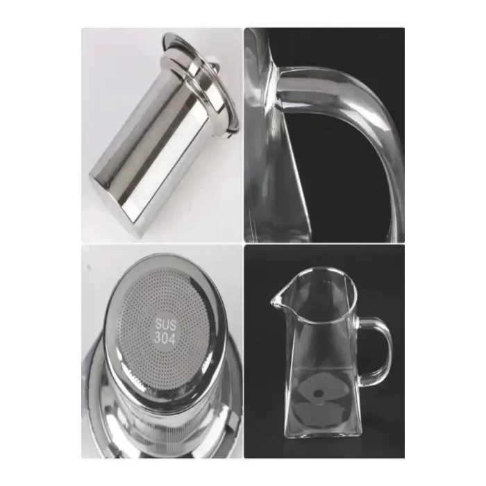 Borasilikat Cam Çaydanlık Takımı Kare Tasarım Çelik Filtre Isıya Dayanıklı Demlik 1450ml.