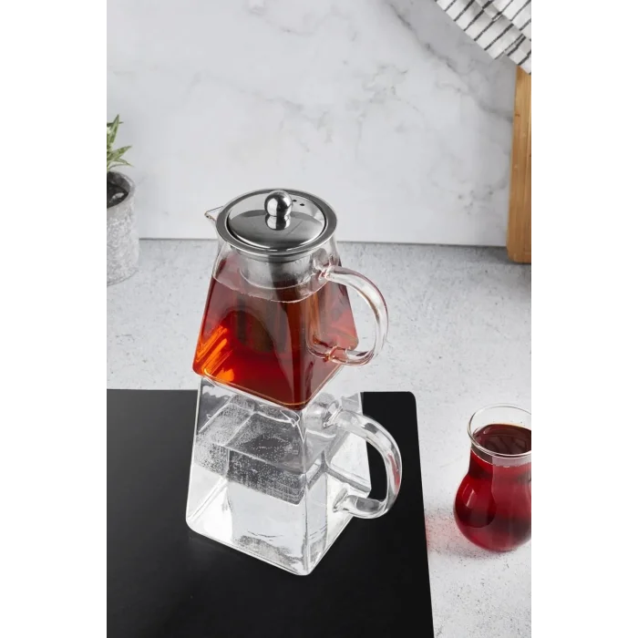 Borasilikat Cam Çaydanlık Takımı Kare Tasarım Çelik Filtre Isıya Dayanıklı Demlik 1450ml.