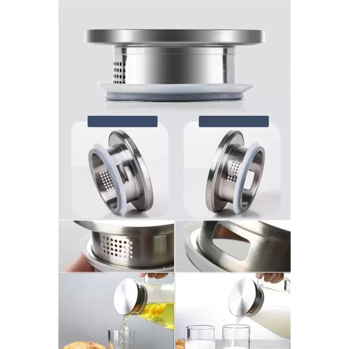Borosilikat Cam Sürahi 1800ml Isıya Dayanıklı Karaf, Metal Kapaklı Cam Kulplu Meşrubat Su Sürahisi