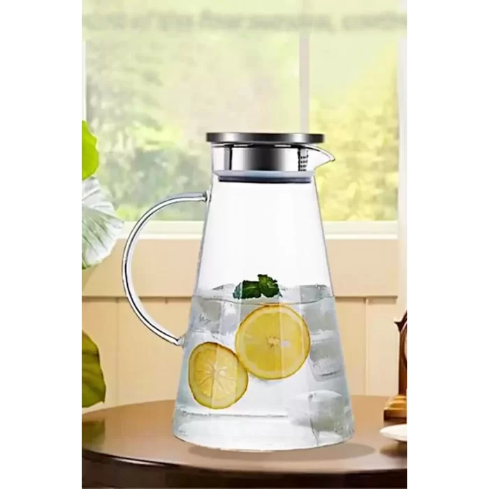 Borosilikat Cam Sürahi 1800ml Isıya Dayanıklı Karaf, Metal Kapaklı Cam Kulplu Meşrubat Su Sürahisi