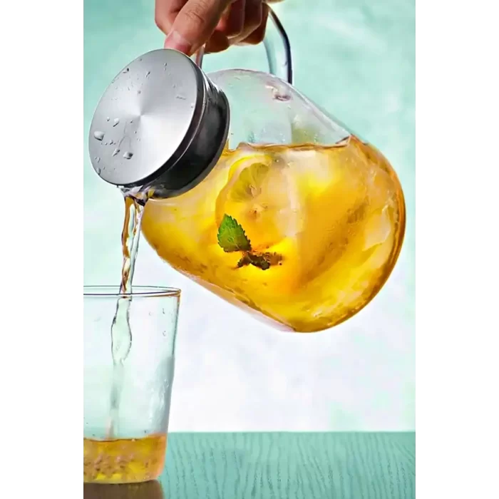 Borosilikat Cam Sürahi 1800ml Isıya Dayanıklı Metal Kapaklı Bitki Çayı Demliği Meşrubat Su Sürahisi