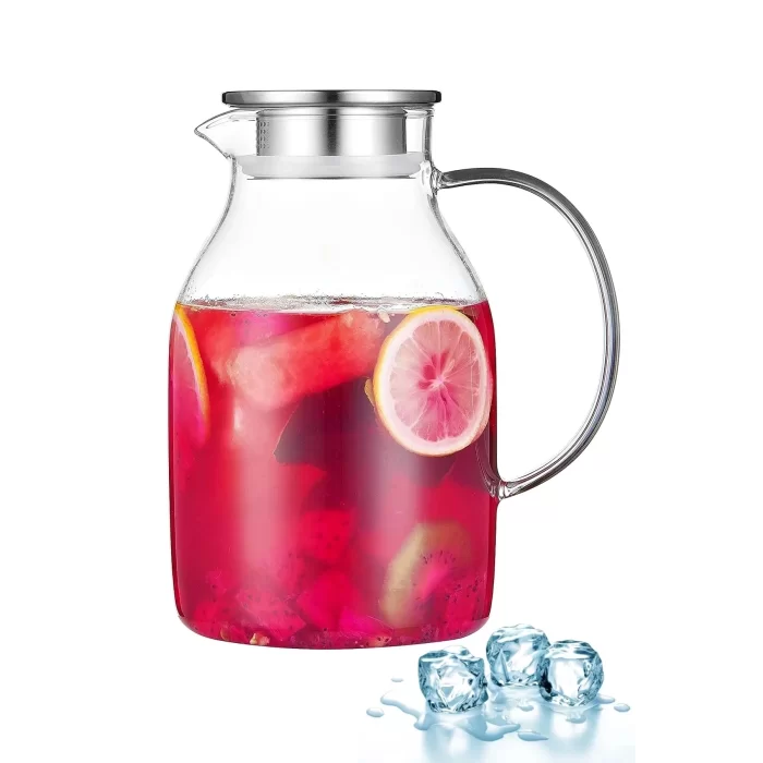 Borosilikat Cam Sürahi 1800ml Isıya Dayanıklı Metal Kapaklı Bitki Çayı Demliği Meşrubat Su Sürahisi