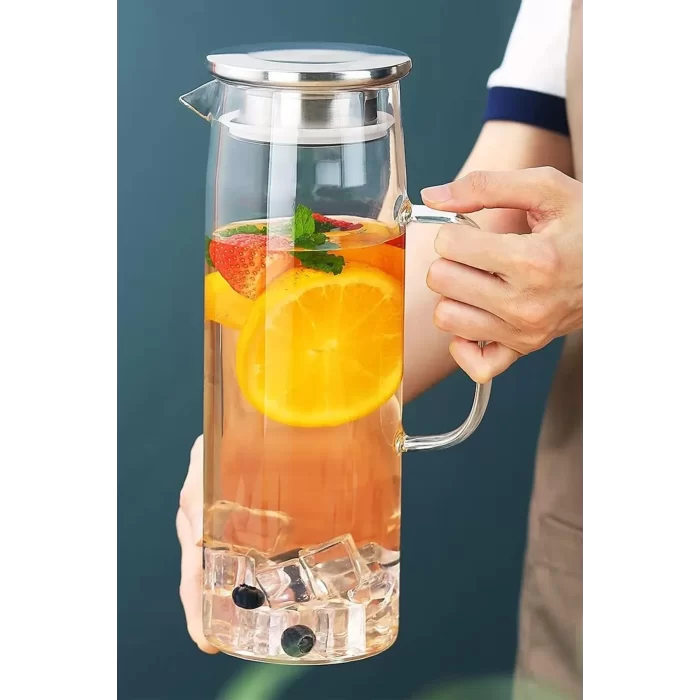 Borosilikat Cam Sürahi 1800ml Isıya Dayanıklı Metal Kapaklı Filtreli Başucu Meşrubat Su Sürahisi