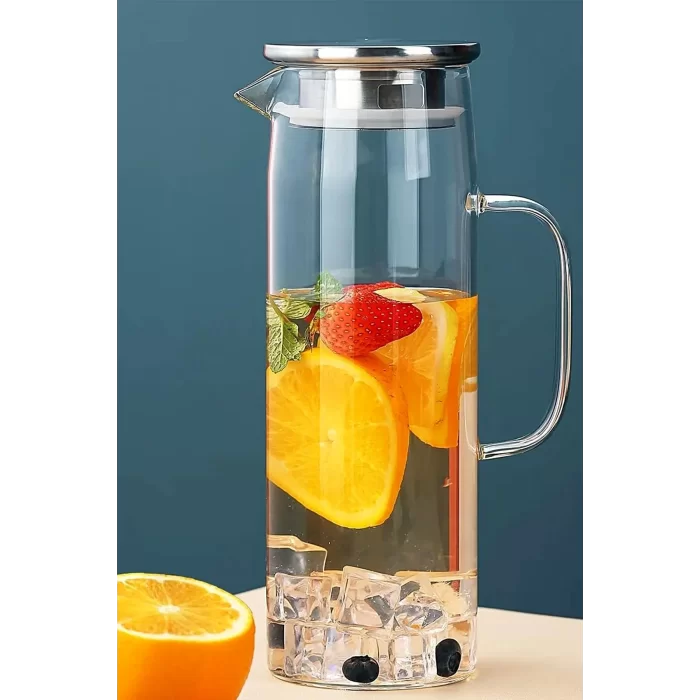Borosilikat Cam Sürahi 1800ml Isıya Dayanıklı Metal Kapaklı Filtreli Başucu Meşrubat Su Sürahisi