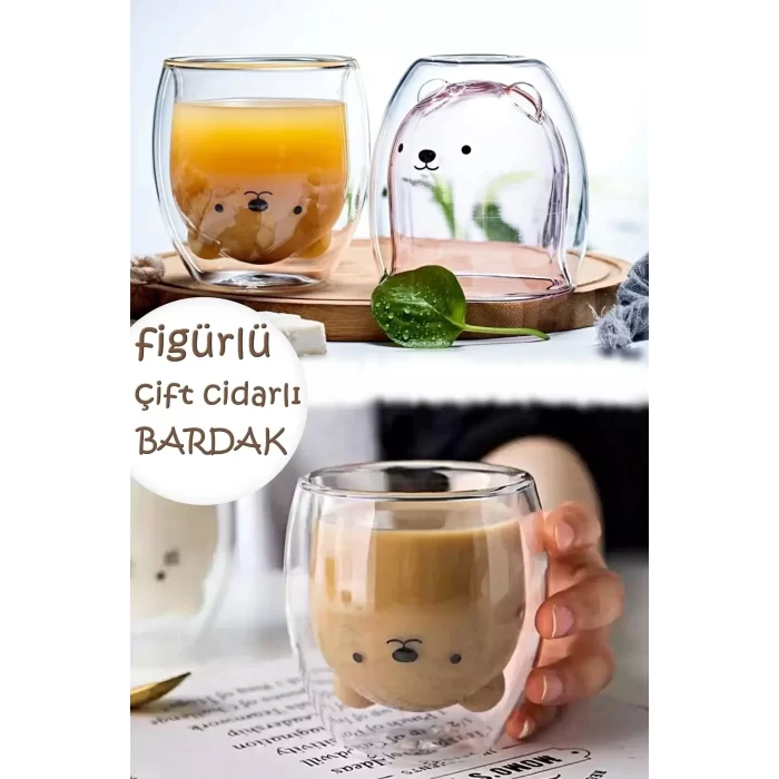 Çift Camlı Cidarlı Sevimli Kedicik Süt Çay Kahve Su Kupa Bardağı 250ml Ev Ofis