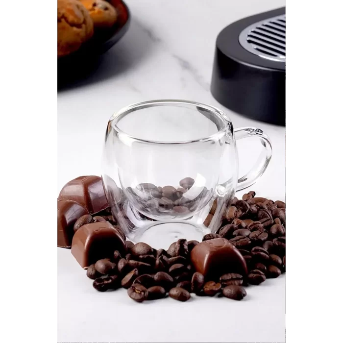 Çift Cidarlı Bardak Kupa 350 Ml Ev Ofis Espresso Kahve Çay Fincanı Borosilikat Kulplu Cam Bardak