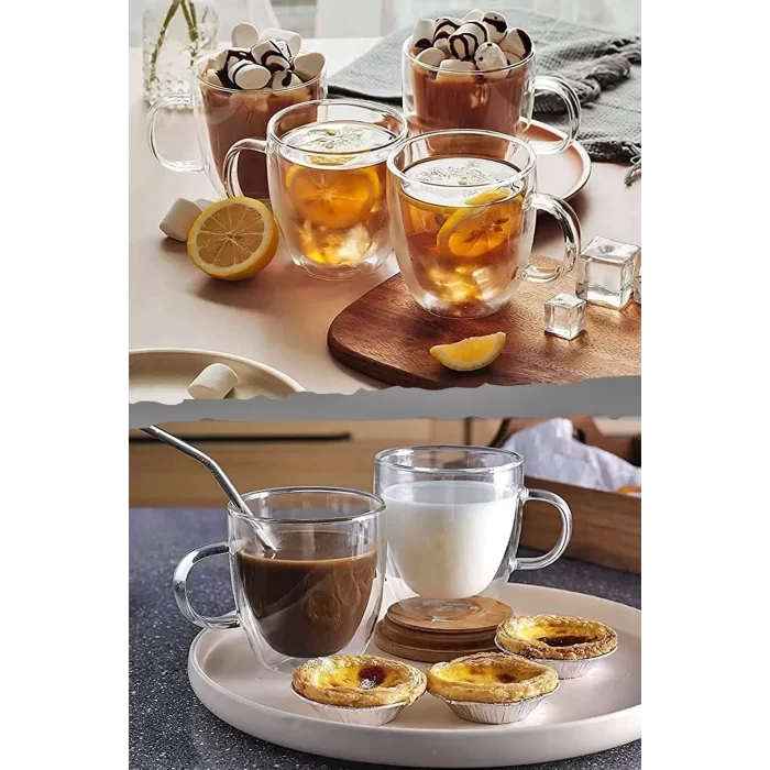 Çift Cidarlı Bardak Kupa 350 Ml Ev Ofis Espresso Kahve Çay Fincanı Borosilikat Kulplu Cam Bardak