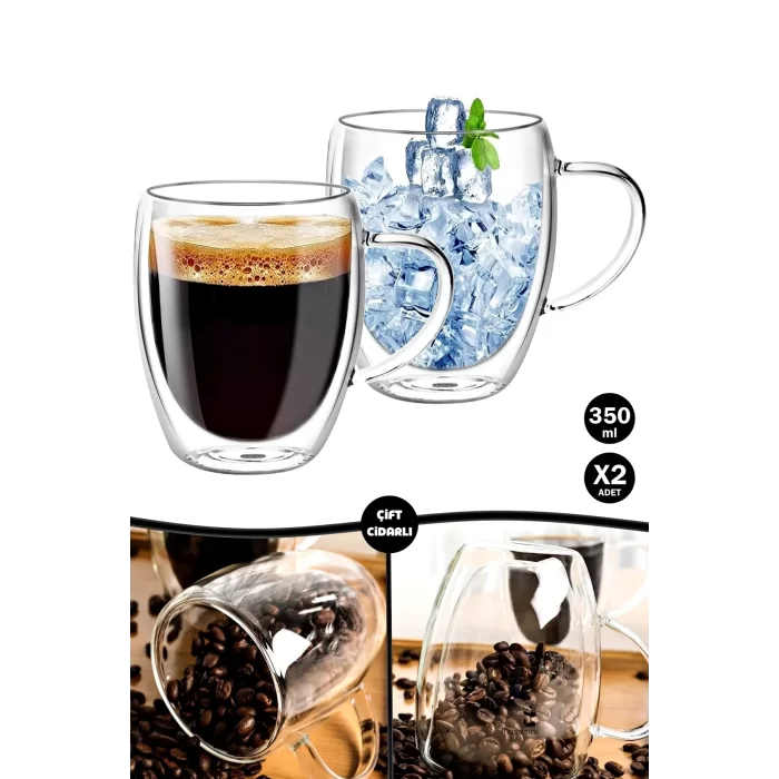 Çift Cidarlı Bardak Kupa 350 Ml Ev Ofis Espresso Kahve Çay Fincanı Borosilikat Kulplu Cam Bardak