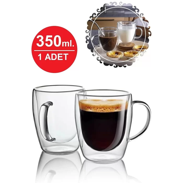 Çift Camlı Çift Cidarlı Cam Kupa 350 Ml Ev Ofis Fincanı Çift Katlı Isı Yalıtıml