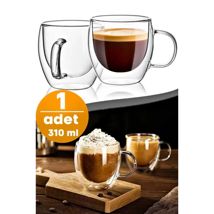 Çift Cidarlı 1Adet Bardak Cam Kupa 310 Ml Ev Ofis Espresso Kahve Fincanı