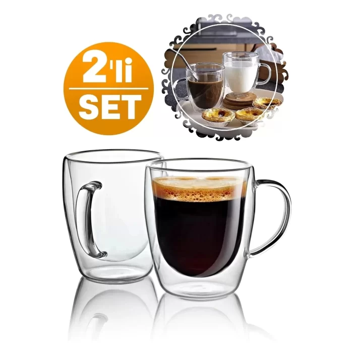 Çift Cidarlı 2 Adet Bardak Cam Kupa 310 Ml Ev Ofis Espresso Kahve Fincanı