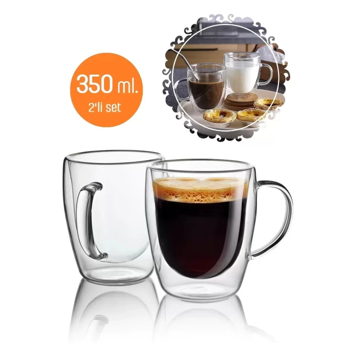 Çift Cidarlı Bardak Kupa 350 Ml Ev Ofis Espresso Kahve Çay Fincanı Borosilikat