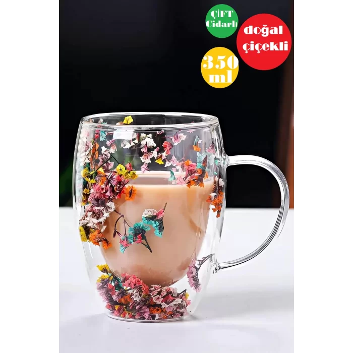 Çift Cidarlı Flower Cup 350ml Çiçekli Bardak Kahve Çay Bardağı El Yapımı Kulplu Cam Bardak