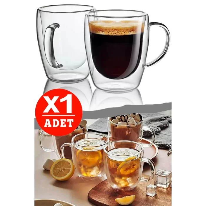 Çift Cidarlı Kupa Bardak 350 Ml Ofis Ev Espresso Kahve Çay Fincanı Borosilikat Kulplu Cam Bardağı