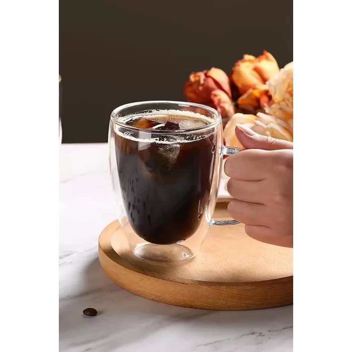 Çift Cidarlı Kupa Bardak 350 Ml Ofis Ev Espresso Kahve Çay Fincanı Borosilikat Kulplu Cam Bardağı