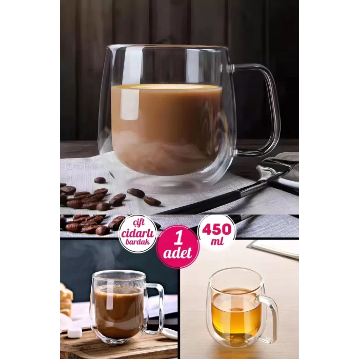 Çift Cidarlı Kupa Bardak 450 ml Ev Ofis Espresso Kahve Çay Fincanı Borosilikat