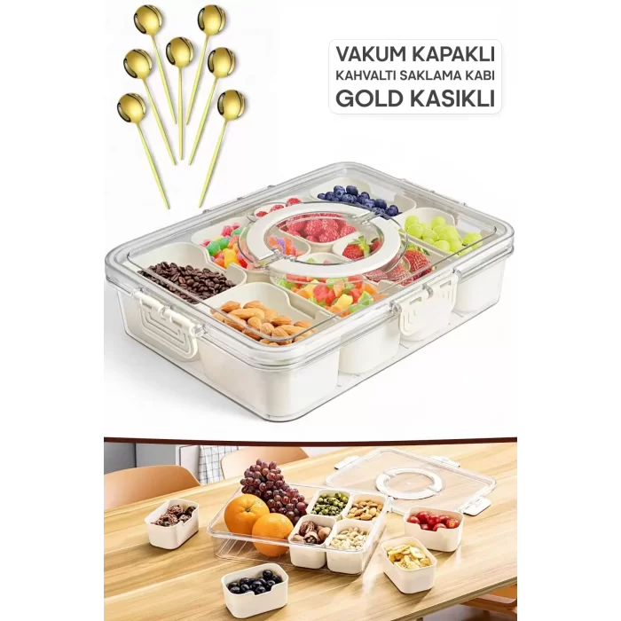 Gold Kaşıklı Kahvaltılık Saklama Kabı Organizer Kilit Kapaklı 8 Bölmeli Taşınabilir Piknik Seti