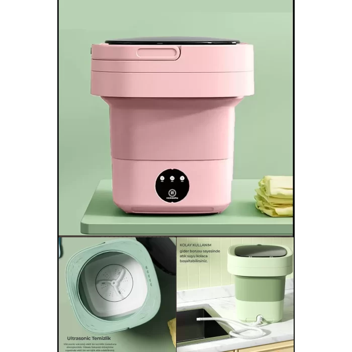 Katlanır Mini Çamaşır Makinesi Pembe Taşınabilir Retro Silikon Çorap İç Çamaşırı Yıkayıcı 10 lt