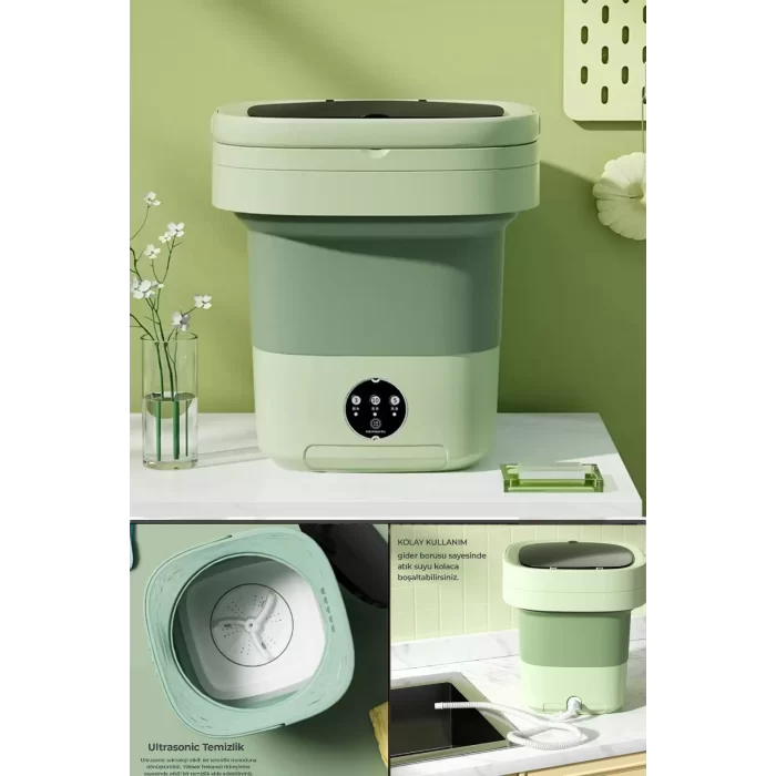 Katlanır Mini Çamaşır Makinesi Yeşil Taşınabilir Retro Silikon Çorap İç Çamaşırı Yıkayıcı 10 lt