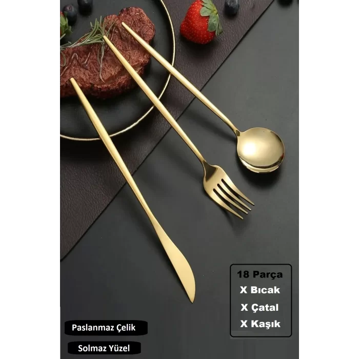 Lüx 18 Parça Gold Çatal Kaşık Bıçak Seti Paslanmaz Çelik Servis Çeyiz Takımı Parlak Pürüzsüz Çelik