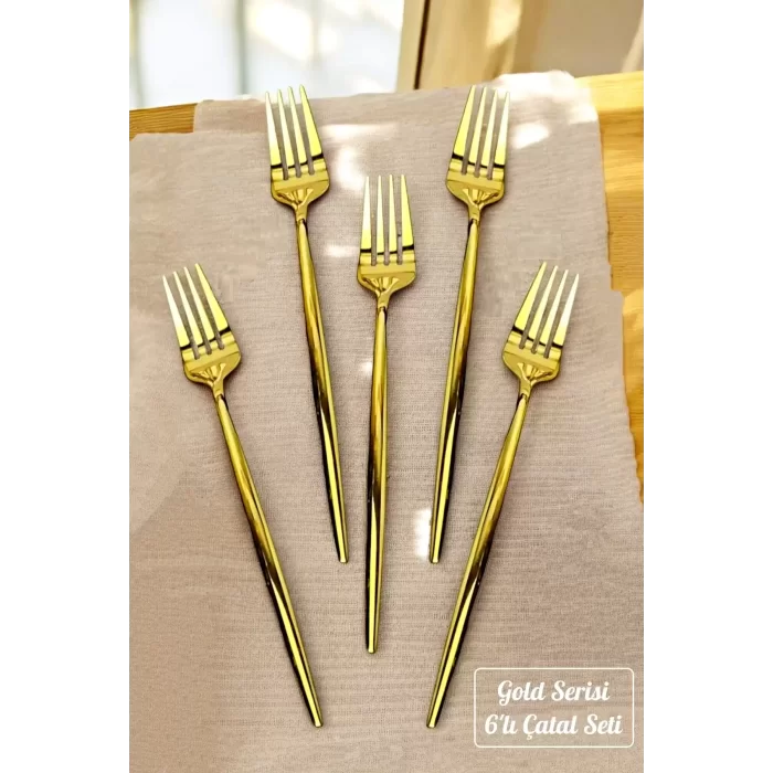 Lüx 6 Parça Gold Çatal Seti Paslanmaz Çelik Çeyiz Çatal Takımı Parlak Pürüzsüz Gold Series