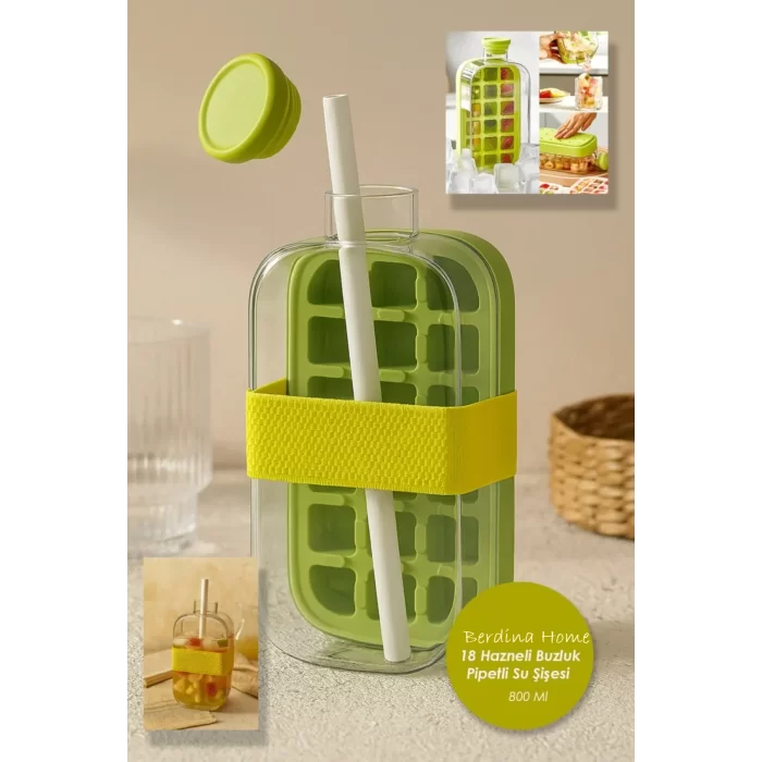 Otomatik Basmalı 18 Hazneli Buz Kalıbı ve Pipetli Su Şişesi 800 ml Kapaklı Buzluk