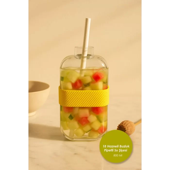 Otomatik Basmalı 18 Hazneli Buz Kalıbı ve Pipetli Su Şişesi 800 ml Kapaklı Buzluk
