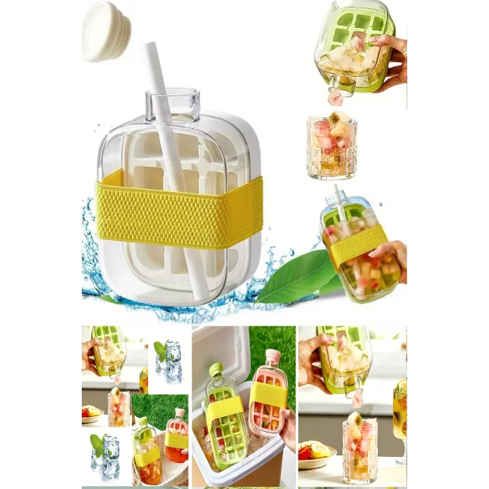 Otomatik Basmalı Buz Kalıbı 18 Hazneli Buzluk Ve Pipetli Su Şişesi Kapaklı Buz Kalıbı 500 Ml Beyaz