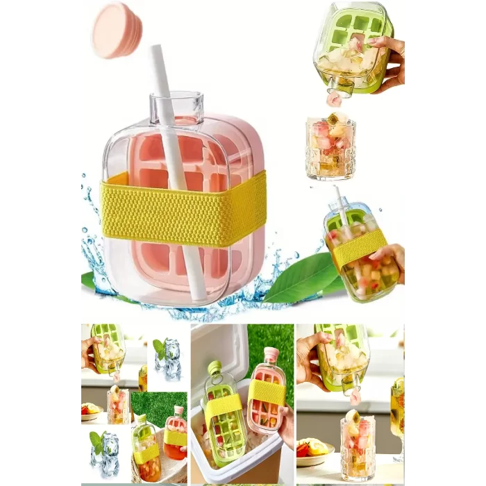 Otomatik Basmalı Buz Kalıbı 18 Hazneli Buzluk Ve Pipetli Su Şişesi Kapaklı Buz Kalıbı 500 Ml Pembe