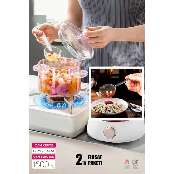 Cam Kepçeli Pembe Cam Tencere 1500cc Isıya Dayanıklı Borosilikat 2li Cam Set Termisil Ocak Üstü