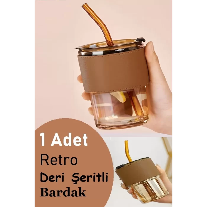 Retro Deri Şerit Pipetli Cam Bardak Isıya Dayanıklı Sızdırmaz Vakum Kapaklı