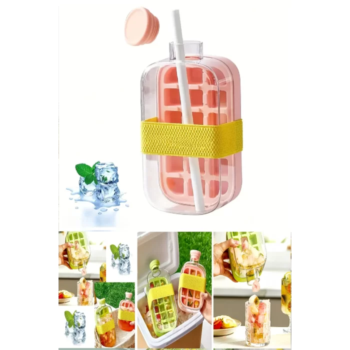 Yeni Nesil Basmalı  Buz Kalıbı Pipetli Su Şişesi 18 Bölmeli Hazneli Buz Küpü 800 Ml-Pebme