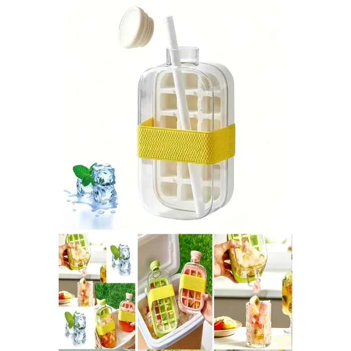 Yeni Nesil Basmalı Buz Kalıbı Pipetli Su Şişesi 18 Bölmeli Hazneli Buz Küpü 800 Ml-Beyaz