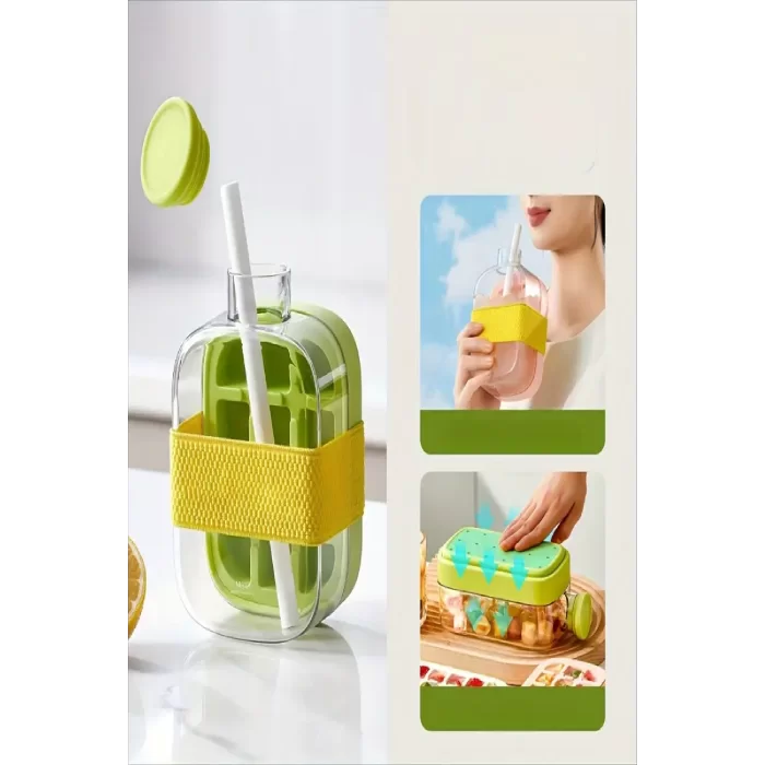 2Adet Yeni Nesil Basmalı Buz Kalıbı Pipetli Su Şişesi 18 Bölmeli Hazneli Buz Küpü 800 Ml 500 Ml