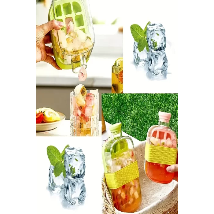 2Adet Yeni Nesil Basmalı Buz Kalıbı Pipetli Su Şişesi 18 Bölmeli Hazneli Buz Küpü 800 Ml 500 Ml