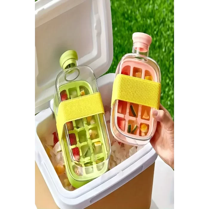 2Adet Yeni Nesil Basmalı Buz Kalıbı Pipetli Su Şişesi 18 Bölmeli Hazneli Buz Küpü 800 Ml 500 Ml