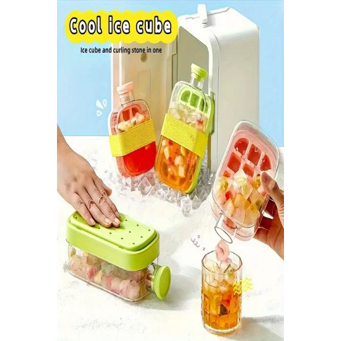2Adet Yeni Nesil Basmalı Buz Kalıbı Pipetli Su Şişesi 18 Bölmeli Hazneli Buz Küpü 800 Ml 500 Ml
