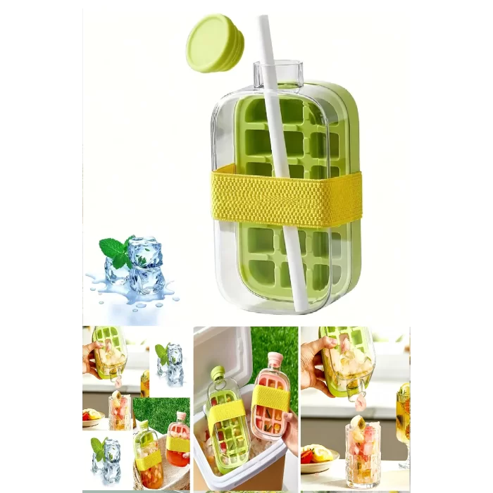 Yeni Nesil Basmalı Buz Kalıbı Pipetli Su Şişesi 18 Bölmeli Hazneli Buz Küpü 800 Ml-Yeşil