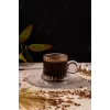 12 Parça Cam Kahve Fincan Seti Origami Çizgili Desenli Fincan Cam Tabaklı Çay Takımı 125cc