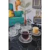12 Parça Cam Kahve Fincan Seti Origami Çizgili Desenli Fincan Cam Tabaklı Çay Takımı 125cc